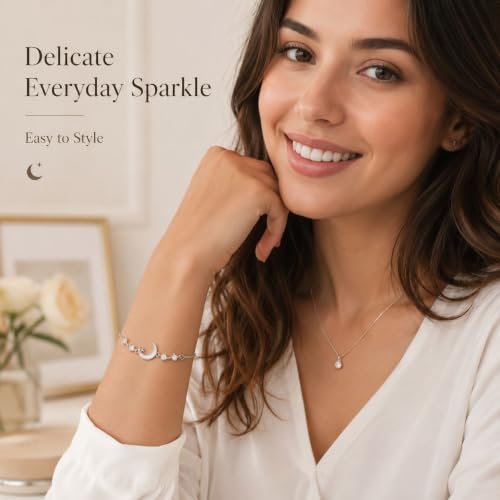 Moon Phase Bracelet Gold/Silver Opal Moon Charm Bracelet Adjustable Opal Style Crescent Charm Chain Bracelets with White Bead Accents Celestial Jewelry Outfit Accessories Gift for Women - color: B2: Silver Opal