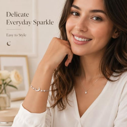 Moon Phase Bracelet Gold/Silver Opal Moon Charm Bracelet Adjustable Opal Style Crescent Charm Chain Bracelets with White Bead Accents Celestial Jewelry Outfit Accessories Gift for Women - color: B2: Silver Opal