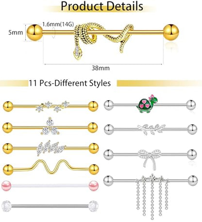 TIANCI FBYJS 7-16pcs 14G Stainless Steel Industrial Piercing Barbell Earring Cartilage Body Jewelry 38mm 1&1/2 Inch Industrial Piercing Bar for Women Men Snake Chain Dangle - color: gold silver
