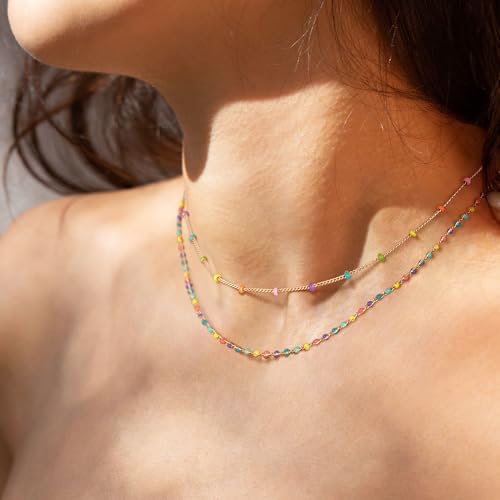 MTMY Beaded Necklaces for Women 14K Gold Plated Dainty Colorful Green/Rose Beaded Pearl Choker Necklace Delicate Boho Choker Necklace Jewelry Gift - style: Layer-colorful beads