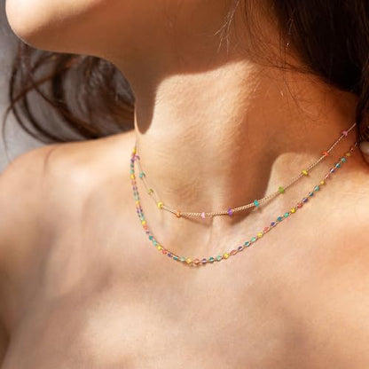 MTMY Beaded Necklaces for Women 14K Gold Plated Dainty Colorful Green/Rose Beaded Pearl Choker Necklace Delicate Boho Choker Necklace Jewelry Gift - style: Layer-colorful beads