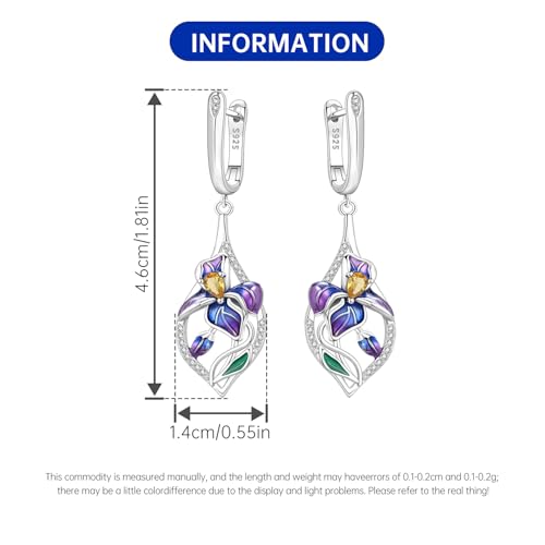 925 Sterling Silver Hoop Earrings Drop Dangle Earrings for Women Hypoallergenic Earring Trendy Huggie Earring Cute Graduation Birthday Gifts Jewelry for Women - color: Blue-purple Iris earrings