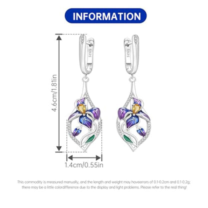 925 Sterling Silver Hoop Earrings Drop Dangle Earrings for Women Hypoallergenic Earring Trendy Huggie Earring Cute Graduation Birthday Gifts Jewelry for Women - color: Blue-purple Iris earrings