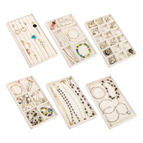 Stackable Jewelry Organizer Trays, 6-Piece Velvet Set, Beige | Removable Dividers, Soft Velvet Lining, Stackable Drawer Trays For Rings, Earrings, Bracelets And Necklaces - color: Beige