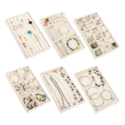 Stackable Jewelry Organizer Trays, 6-Piece Velvet Set, Beige | Removable Dividers, Soft Velvet Lining, Stackable Drawer Trays For Rings, Earrings, Bracelets And Necklaces - color: Beige