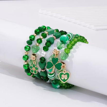 Boho Beaded Stretch Bracelets For Women Stackable Crystal Gold Plated Beaded Bracelets Set Trendy Handmade Friendship Braeclet Jewelry Gifts - color: Q-Lucky Green Set
