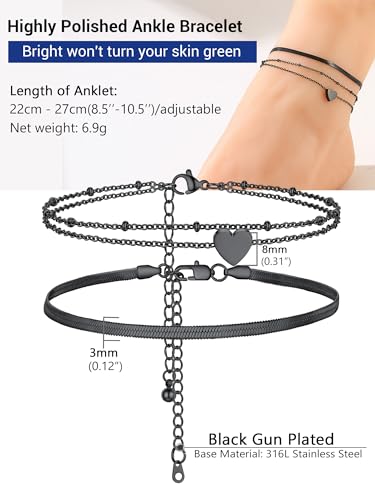 PROSTEEL Trendy Handcuffs Design/Customize Words Ankle Bracelet For Women, 316L Stainless Steel Anklets Silver/Gold/Black Tone, Hypoallergenic, Come with Box - style: 06.2 Layered-Herringbone&Heart-Black