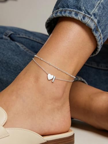 Ankle Bracelets for Women Waterproof 14K Gold/Silver/Black Initial Anklet for Women Dainty Layered Heart Ankle Bracelets Stainless Steel Adjustable Foot Chain Anklet Summer Beach Jewelry - color: I-Silver