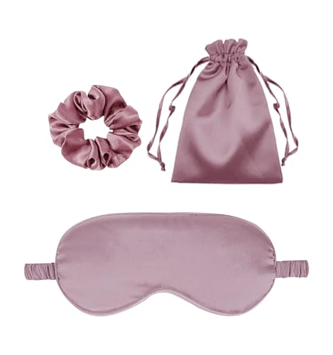 3Pcs Satin Eye Mask Silk Sleep Masks Set Silky Blindfold Eyeshade Blackout Eyes Cover Pouches Bag Scrunchy Wedding Gift - color: Taupe