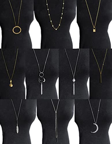 10Pcs Long Pendant Necklace Simple Moon Bar Three Triangle Tassel Lock Sweater Y Shape Punk Chain Choker Necklace for Women Men Gold Silver Plated - style: E:10Pcs (Lock)