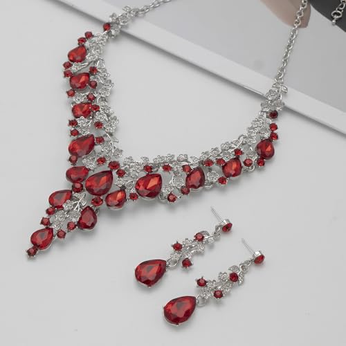 Bridal Bridesmaid Austrian Crystal Jewelry Set, Floarl rhinestone Statement Neckace Teardrop Necklace Drop Dangle Earrings Set - color: Red-Silver Tone