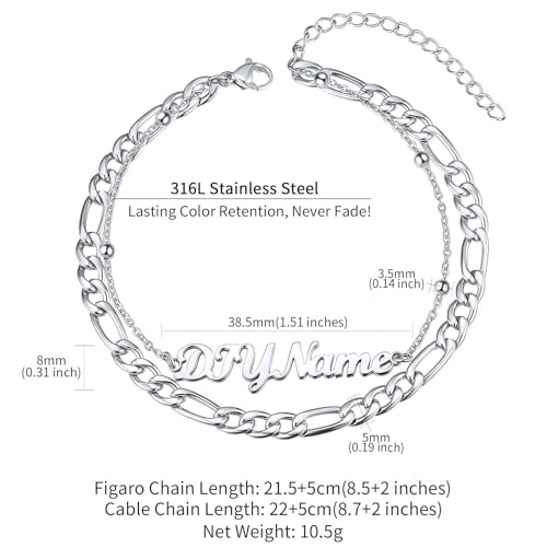 ChainsHouse Double Layer Anklet Bracelet for Women,Adjustable Chain Anklets Stackable Dainty Anklets,Stainless Steel/Gold Plated/Black Ankle Jewelry Gifts - color: A-Silver-Figaro Chain