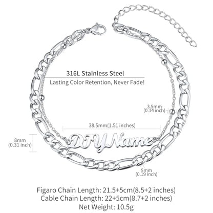 ChainsHouse Double Layer Anklet Bracelet for Women,Adjustable Chain Anklets Stackable Dainty Anklets,Stainless Steel/Gold Plated/Black Ankle Jewelry Gifts - color: A-Silver-Figaro Chain