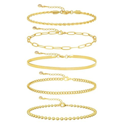 6 PCS Gold Ankle Bracelets for Women, 14k Plated Gold Layered Anklet Set Waterproof Herringbone Paperclip Beaded Figaro Cuban Link Chain Beach Stackable Anklet Bracelet Jewelry Gift for Women - style: 5Pcs-A0141 Ankelt Set-GD