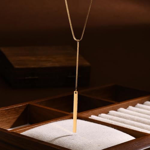 Stainless Steel Box Chain Y-Necklace, Long Rectangular Tassel Pendant, Gold Minimalist Choker 40cm for Women