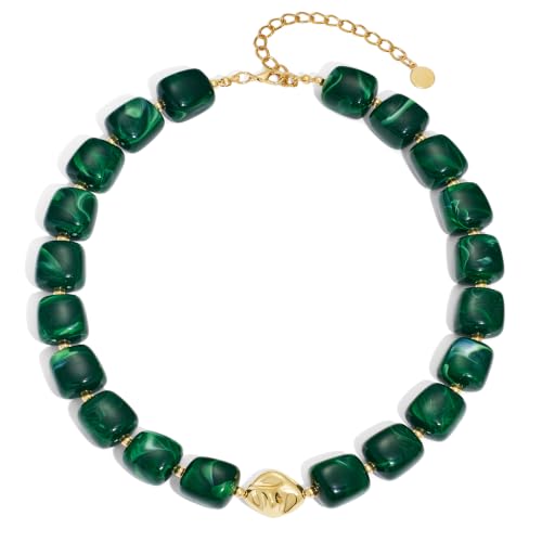 Chunky Beaded Necklace for Women,Square Resin beads boho Choker Necklace with gold-tone spacers,Fashion Trendy Summer Beach Party Necklaces Handmade Surfer Beach Necklaces Jewelry Gifts - color: Dark-Green