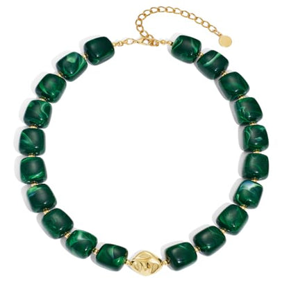 Chunky Beaded Necklace for Women,Square Resin beads boho Choker Necklace with gold-tone spacers,Fashion Trendy Summer Beach Party Necklaces Handmade Surfer Beach Necklaces Jewelry Gifts - color: Dark-Green