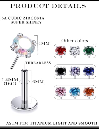 20G 18G 16G Astm F136 Titanium Threadless Flat Back Earrings Nose Studs Tragus Helix Conch Cartilage Lobe Earrings Medusa Labret Snake Bite Monroe Lip Ring Piercing Jewelry For Women Men - size: 16G-6MM Bar-CZ 4MM