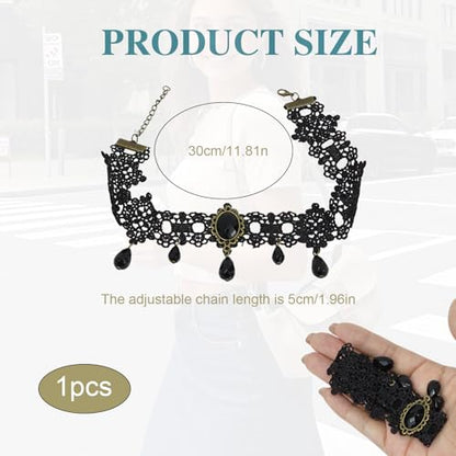 Gothic Choker Necklace, Black Lace Choker with Crystal Pendant for Women, Witch Style Adjustable Collar Gothic Halloween and Vampire Themed Vintage Thick Neck Jewelry Accessories