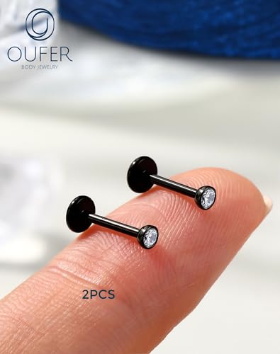 OUFER 2Pcs 20G/18G/16G G23 Titanium Threadless Nose Stud Earrings Flat Back Tiny CZ Small Nose Helix Cartilage Tragus Conch Labret Medusa Monroe Piercing Jewelry for Women Men - color: Black, size: 2pcs, 16g 6mm, 3mm cz