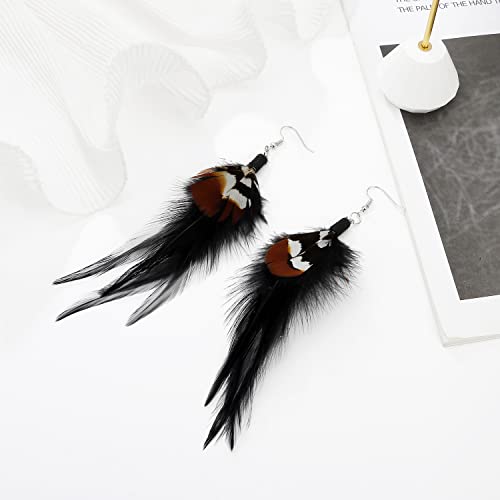 Long Bohemian Pheasant Feathers Statement Earrings Handmade Natural Lightweight Feather Dangle Earrings for Women (ea000067) - color: Black