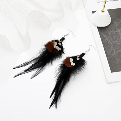 Long Bohemian Pheasant Feathers Statement Earrings Handmade Natural Lightweight Feather Dangle Earrings for Women (ea000067) - color: Black