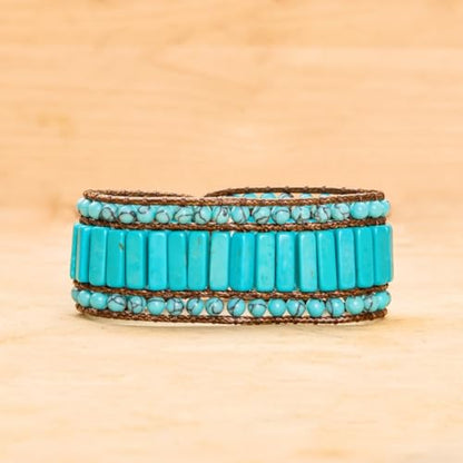 YGLINE Boho Handmade Natural Stone Bead 3 Row Wide Wrap Wrist Statment Bracelet Jewelry Collection - color: new-Turquoise