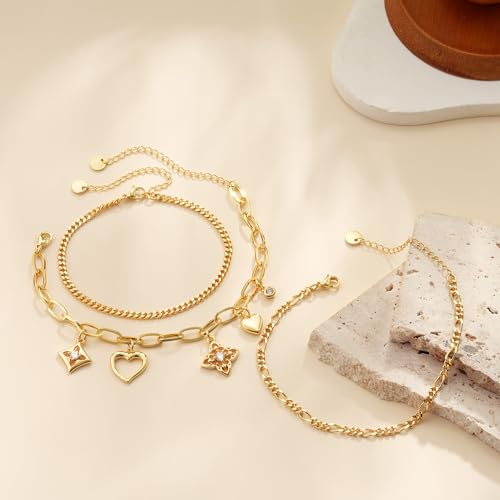 3PCS Charm Gold Bracelets for Women Non Tarnish,14k Plated Gold Bracelet Stack Cute Dainty Stackable Trendy Bow Cross Clover Bracelets Set Tarnish Free Gold Jewelry for Women Gifts - color: Clover&Heart-Gold