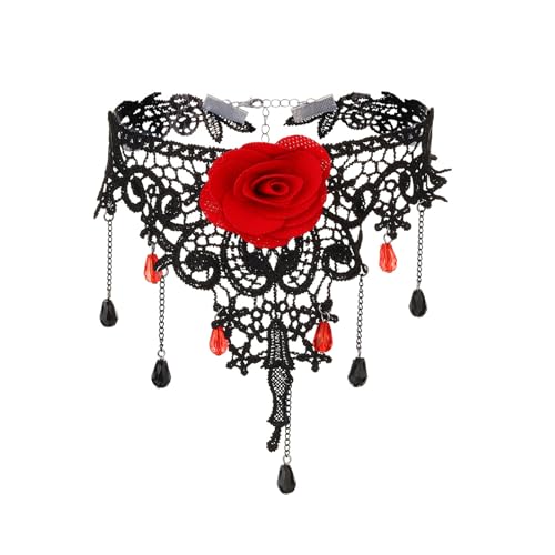 PINK TOWN Gothic Lace Choker Necklace for Women,Vintage Red Black Crystal Pendant Necklaces Punk Style Vampire Necklace Hollowed Out Layer Necklaces Halloween Jewelry Accessories - color: Red1