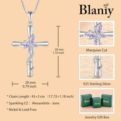 Cross Necklace for Women 925 Sterling Silver Butterfly Necklace Birthstone Pendant Created Gemstone Jewelry Gifts for Women - color: 06 June - Alexandrite