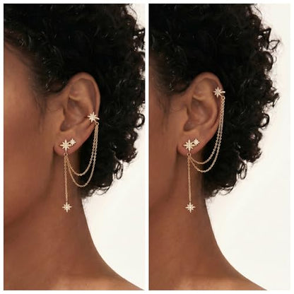 SLUYNZ 925 Sterling Silver Fashion Star Cuff Earring Chain for Women Star Crawler Earring Wrap Earrings - color: Pair-D-Yellow
