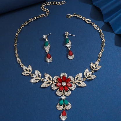 Women Crystal Jewelry Set, 3PCS Gold Bridal Earrings Princess Luxury Necklace Banquet Style Drop Necklace Stainless Steel Crystal Necklaces - color: Multicolor