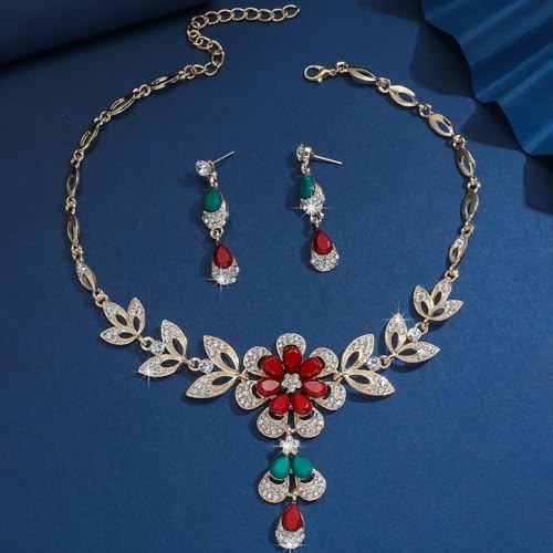 Women Crystal Jewelry Set, 3PCS Gold Bridal Earrings Princess Luxury Necklace Banquet Style Drop Necklace Stainless Steel Crystal Necklaces - color: Multicolor