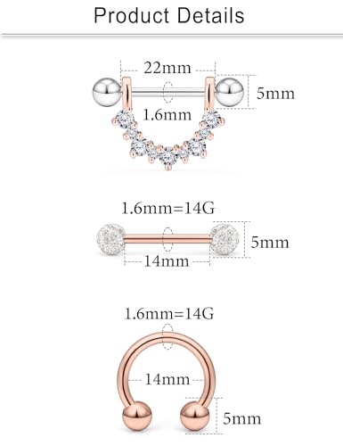 Cisyozi 16G 14G Nipple Piercing Jewelry Tongue Rings Hypoallergenic Surgical Steel Screw Nipple Tongue Shield Ring Barbell Body Piercing Jewelry Retainer for Women 9/16 Inch 14mm - color: D:14G(1.6MM)-8Pairs - Rose Gold