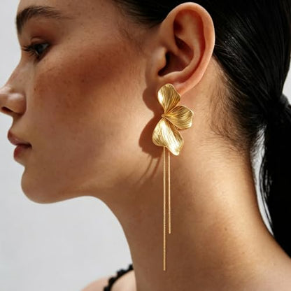 OGD Chunky Gold Statement Earrings For Women Trendy Gold Plated Sectored Flower Leaf Angel Wing Earrings Large Stud Jewlery Hypoallergenic - color: Flower Tassel-Gold