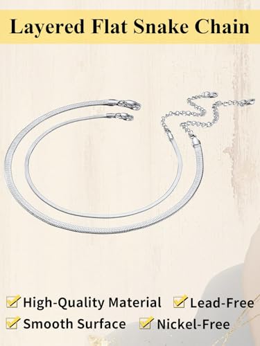 ChainsHouse Flat Snake Chain Herringbone Choker Necklace for Women, Stainless Steel/Rose Gold/18K Gold Plated Dainty Adjustable Simple Short Layered Necklaces, 12"/15"/18" with 3.5" Extender - color: b. layered-3mm+5mm-silver