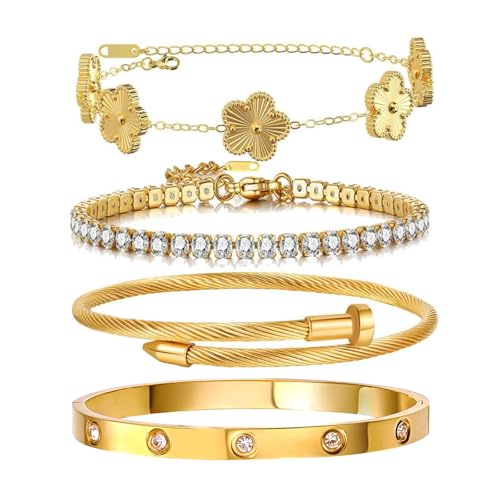 Gold Bracelets for Women, 18K Gold Plated Women Tennis Bracelets Clover Nail Love Bangle Bracelet Set, Gold Bracelet Stackable Set Trendy Jewelry, Gifts for Women's Day and Mother's Day - color: 06-Color-gold