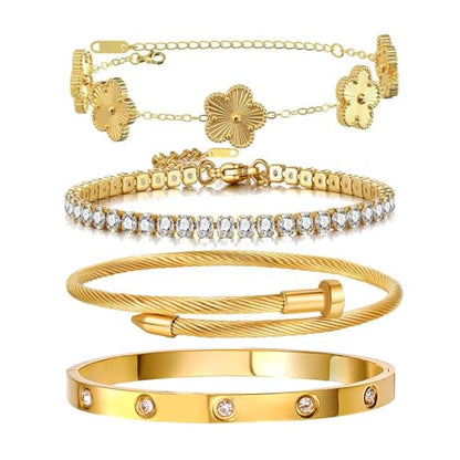 Gold Bracelets for Women, 18K Gold Plated Women Tennis Bracelets Clover Nail Love Bangle Bracelet Set, Gold Bracelet Stackable Set Trendy Jewelry, Gifts for Women's Day and Mother's Day - color: 06-Color-gold