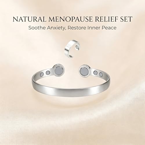 Calming Bracelet Ring Set for Women, Menopause Bracelets Adjustable Bangle Stainless Steel Cuff Climacterium Anxiety Stress Relief Energy Open Jewelry Gift - color: Silver PRO + Silver