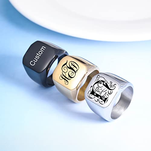 INBLUE Personalized Engraved Initial Monogram Signet Rings for Man Women Stainless Steel Rings Customize Jewelry with Ring Size Adjuster - color: Black: Initial