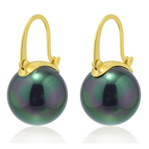 HUGE TOMATO 925 Sterling Silver Simulated Shell Pearl Earrings for Women Trendy, Big Pearl Drop Earrings Leverback Stud,18K Gold Plated Large Pearl Hoop Dangle Hypoallergenic Jewelry 14mm - color: Black Green