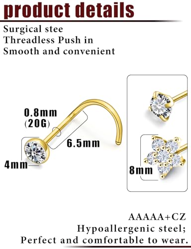 Prjndjw 20G Big Nose Stud Large Nose Studs Surgical Stainless Steel Straight Nose Studs 4mm CZ Paved CZ Nose Rings with 6-CZ Flower Ring for Women Men 11 Pieces - color: 4mm CZ Big 20G Gold-plated Screw Curved Nose Stud