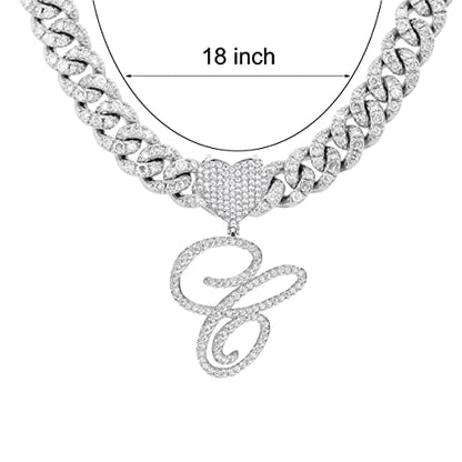 Initial Necklaces Silver Cuban Link Chain for Women Iced Out Chain with Heart Letter Pendants Custom Chain Name Necklace Hip Hop Jewelry Gift - color: C