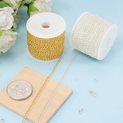 Kyutong 2 Rolls Gold and Silver Extender Chains Bulk for Jewelry Making | 3MM Wide Curb Links Stainless Steel Necklace Chains Spool with Lobster Clasps Jump Rings Jewelry Supplies for Crafts DIY - color: Curb Chain