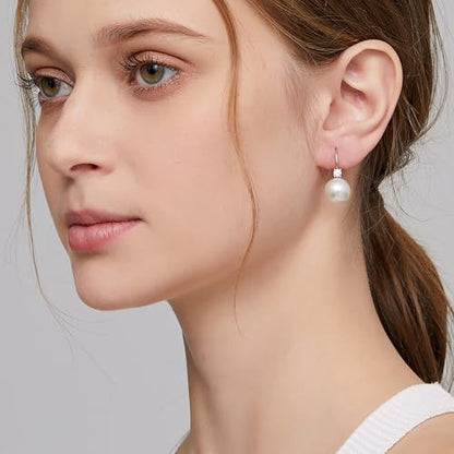 925 Sterling Silver Pearl Leverback Earrings for Women Cubic Zirconia Pearl Jewelry 10MM - color: A: Leverback-Rose Color