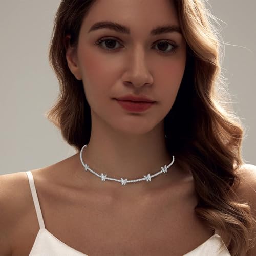 HERIER Tennis Necklace for Women 14K Gold Plated or Silver Rhinestone Choker Necklaces Dainty Zirconia Cut Faux Diamond chain 3mm - color: Silver-butterfly
