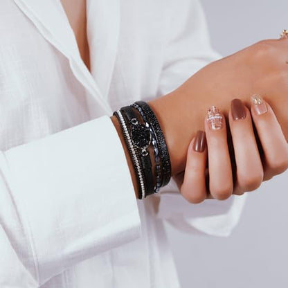 Boho Leather Wrap Bracelets Beaded Stackable Cuff Bracelet Country Concert Outfits Cowboy Cowgirl Western Jewelry Gifts for Women - color: Stone-Black
