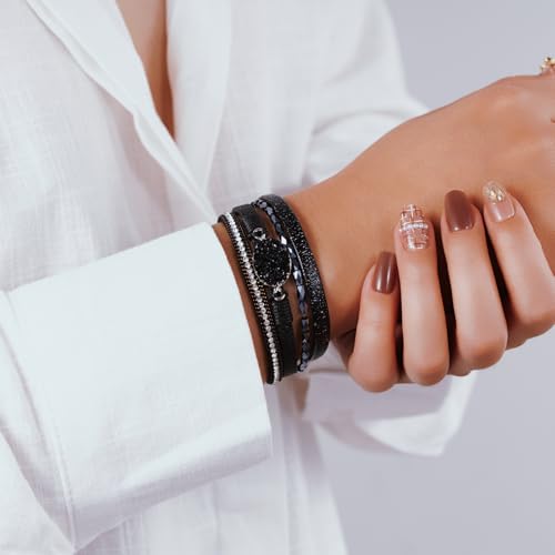 Boho Leather Wrap Bracelets Beaded Stackable Cuff Bracelet Country Concert Outfits Cowboy Cowgirl Western Jewelry Gifts for Women - color: Stone-Black