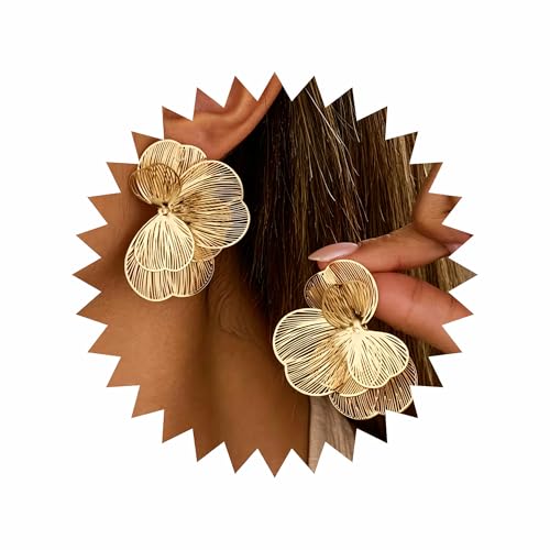 Gold Silver Flower Hoop Earrings for Women 14K Gold Plated Large Layered Flower Dangle Drop Earrings Wedding Party Holiday Birthday Gifts Lightweight Trendy Bohemian Jewelry Gift for Her - color: Golden-1