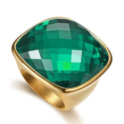 Chunky Square Crystal Glass Stainless Steel Statement Ring for Women Men Gold-Tone Plated Exaggerated Large Geometric Green Cubic Zirconia Finger Band Knuckle Rings Cocktail Prom Fashion Jewelry - color: Green